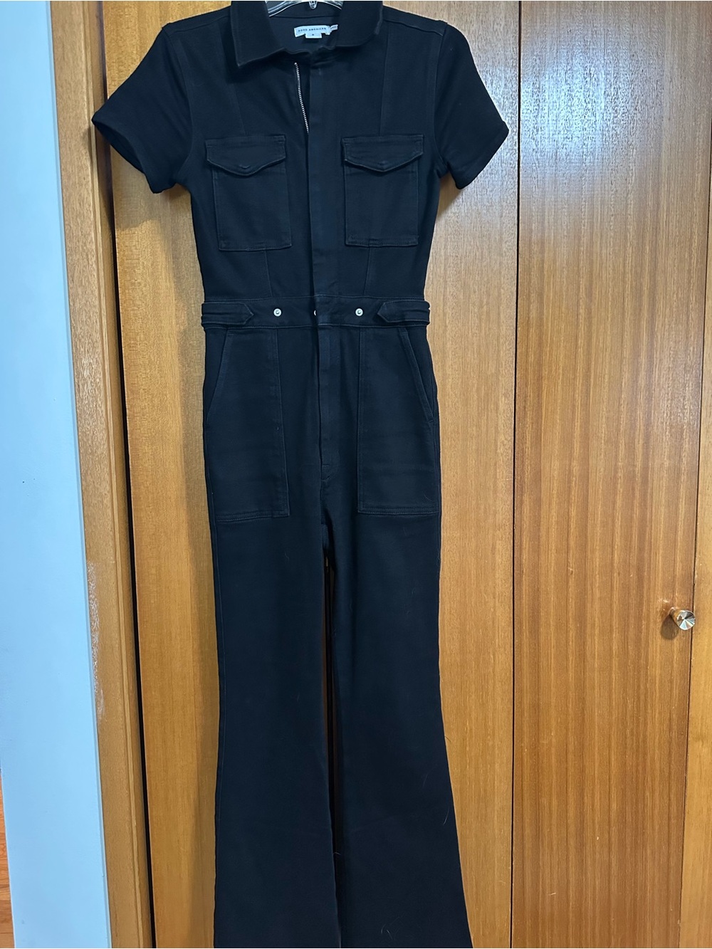 Good American Black Short-Sleeve Utility Jumpsuit with Front Pockets